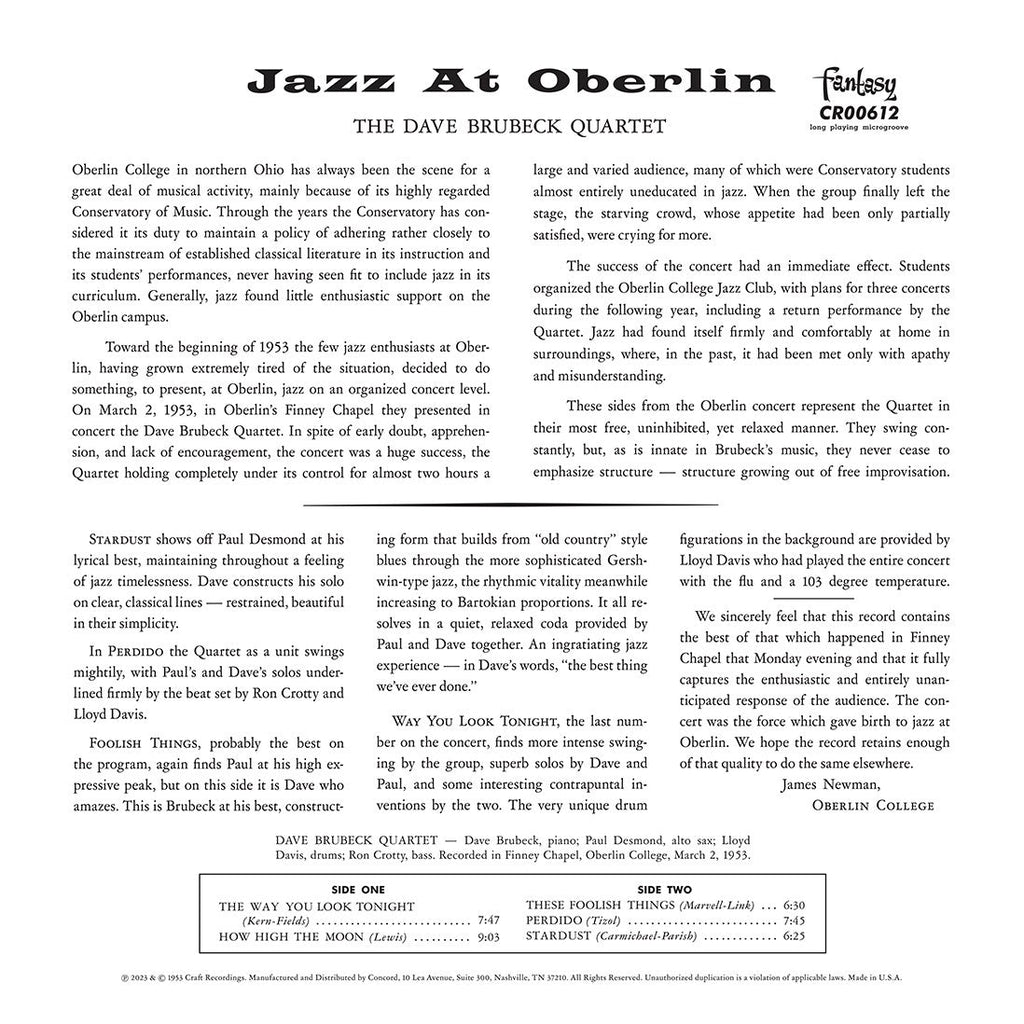 The Dave Brubeck Quartet - Jazz at Oberlin - OJC LP [ Record ]