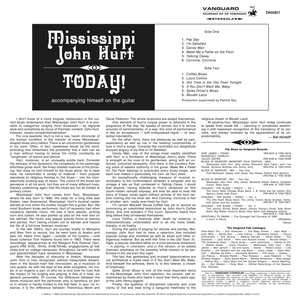 Mississippi John Hurt - Today! - Bluesville Acoustic Sound Series LP [ Record ]