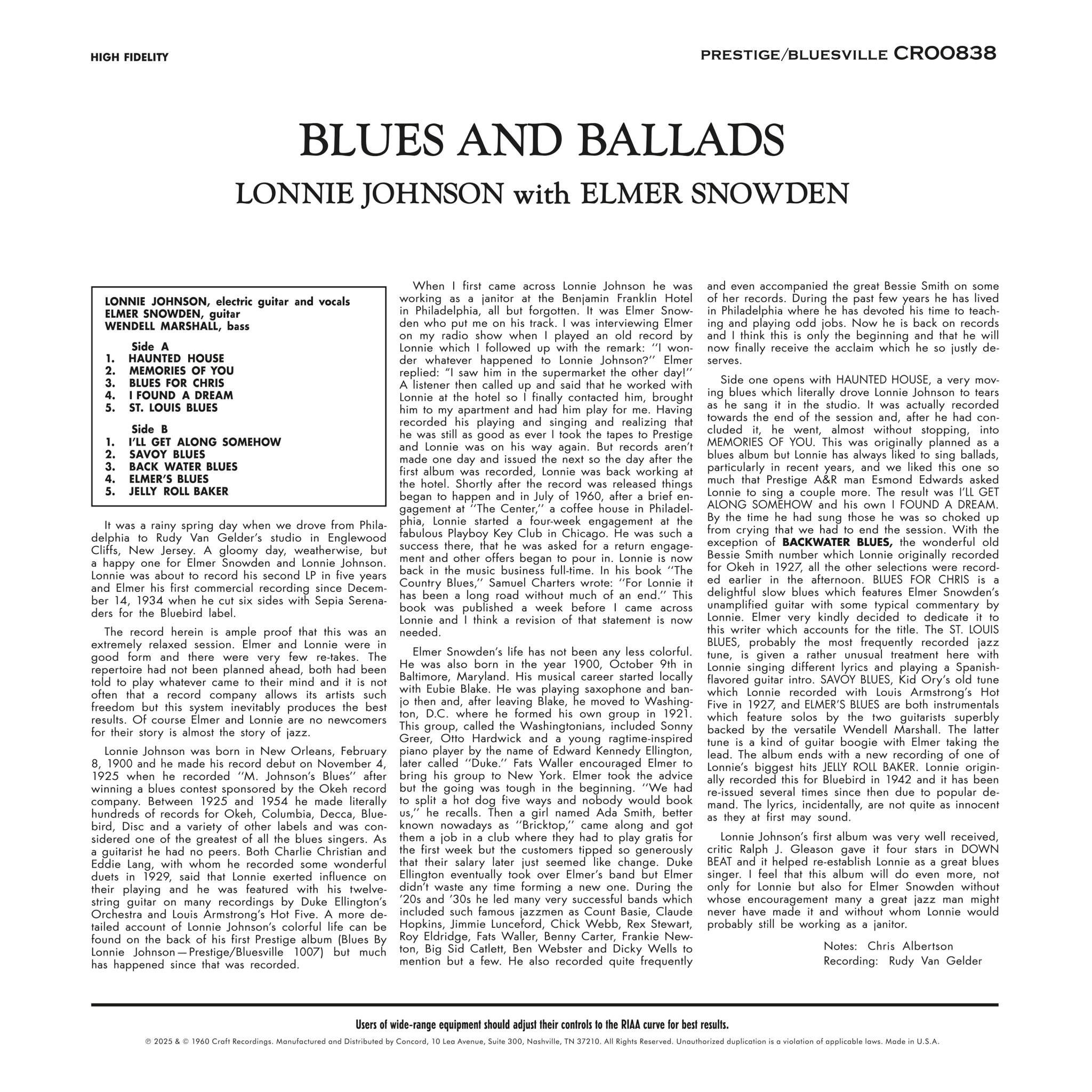 Lonnie Johnson - Blues & Ballads - Bluesville Acoustic Sound Series LP [ Record ]
