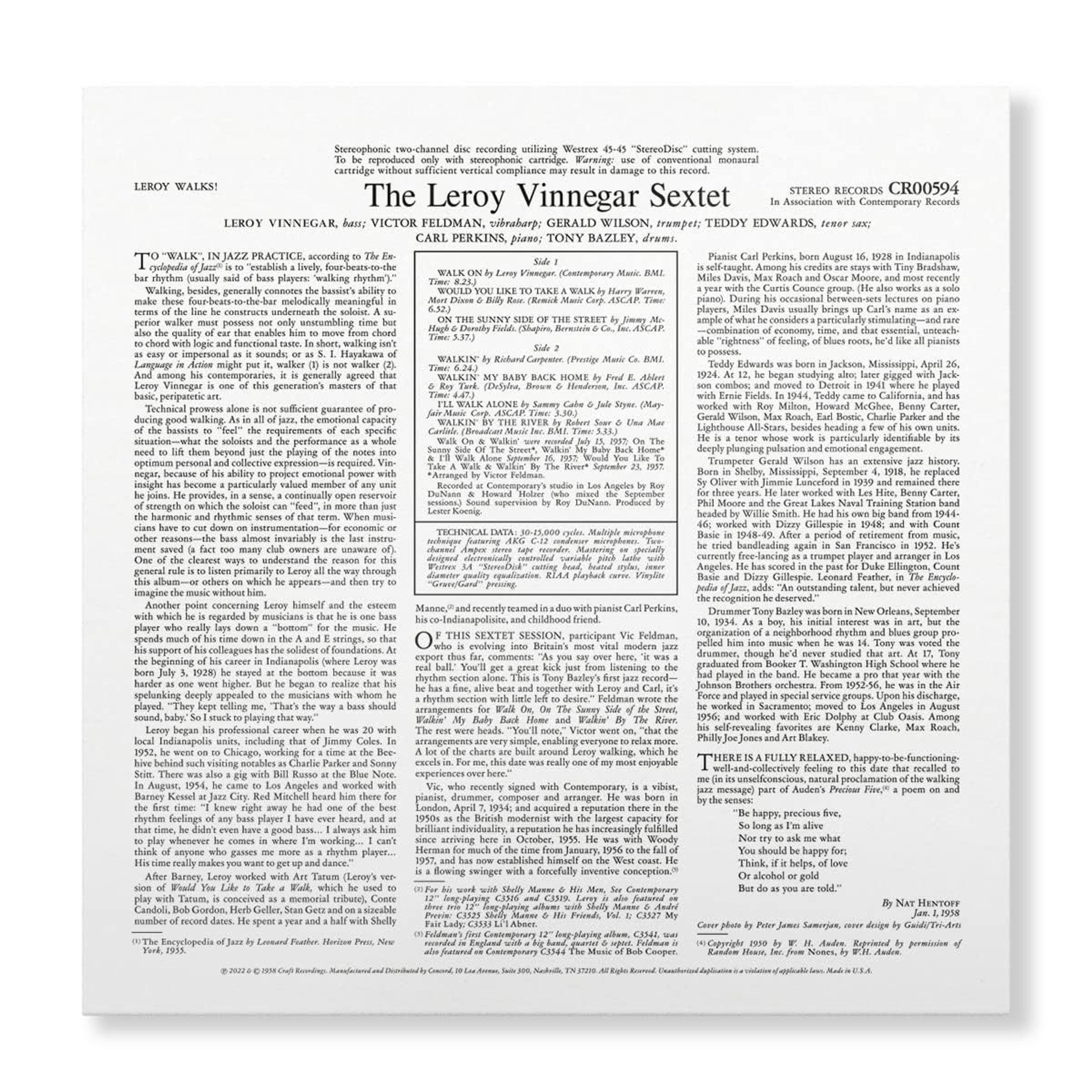 The Leroy Vinnegar Sextet - Leroy Walks! - Contemporary LP [ Record ]