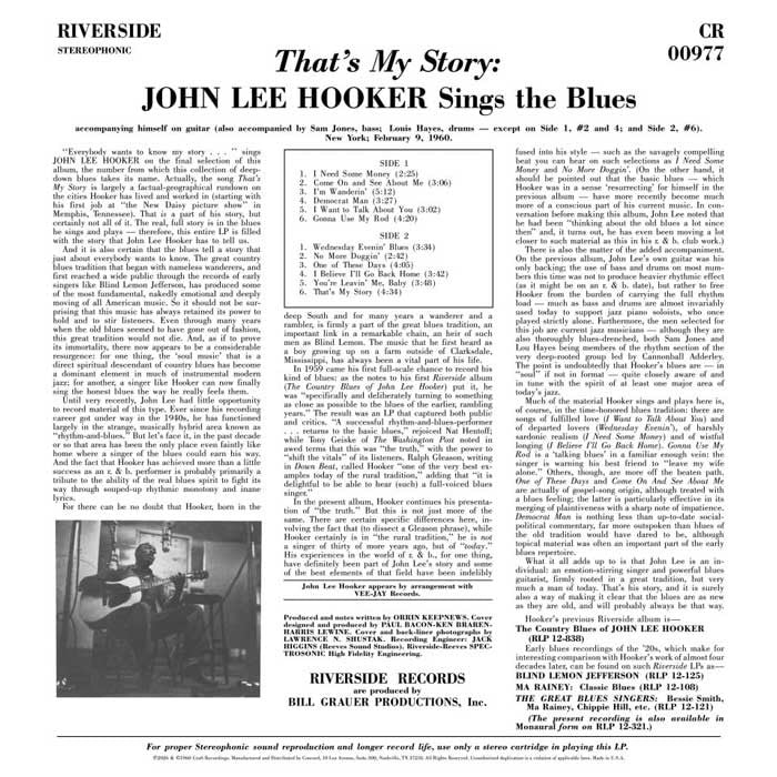 John Lee Hooker - That's My Story: John Lee Hooker Sings The Blues - Bluesville Acoustic Sounds Series LP [ Record ]