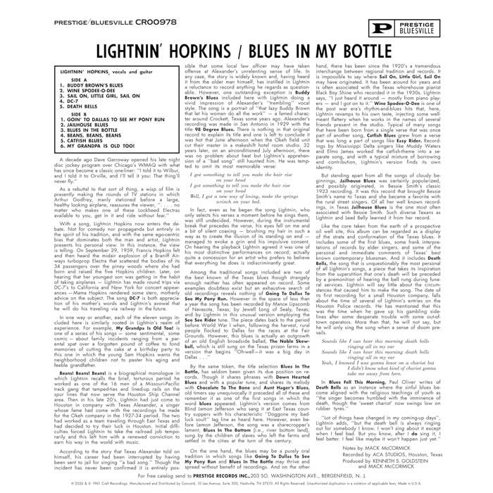 Lightnin' Hopkins - Blues In A Bottle - Bluesville Acoustic Sounds Series LP [ Record ]