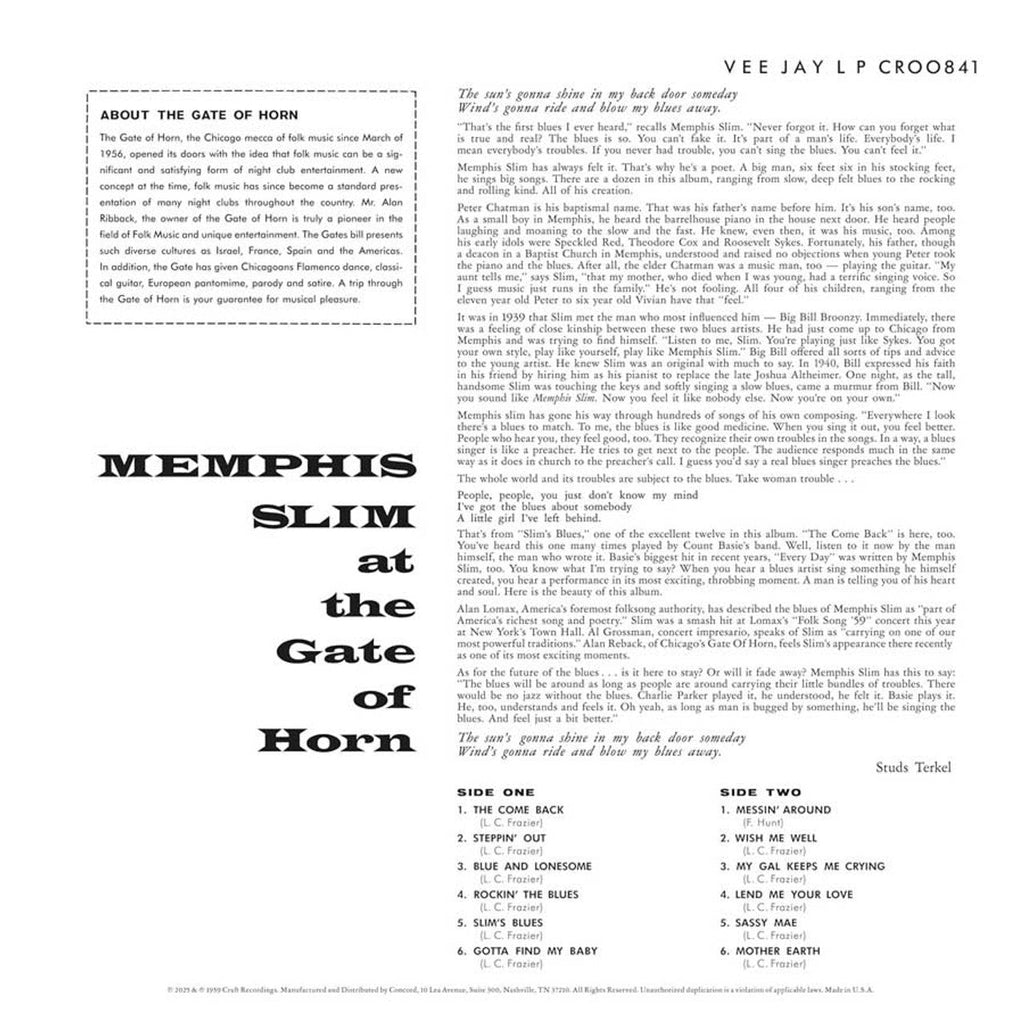 Memphis Slim - At the Gate of Horn - Bluesville Acoustic Sounds Series  LP [ Record ]