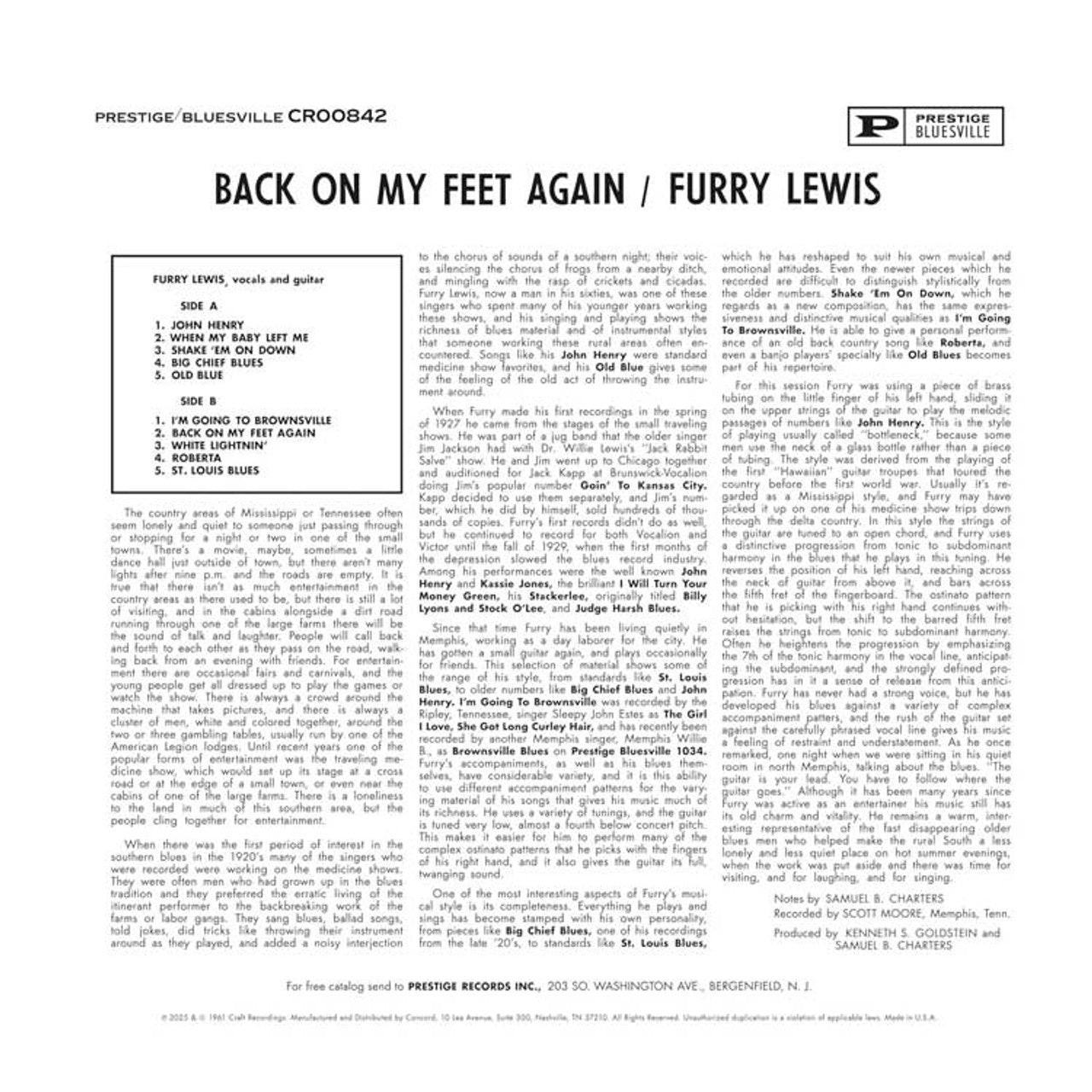 Furry Lewis - Back on My Feet Again - Bluesville Acoustic Sounds Series LP [ Record ]
