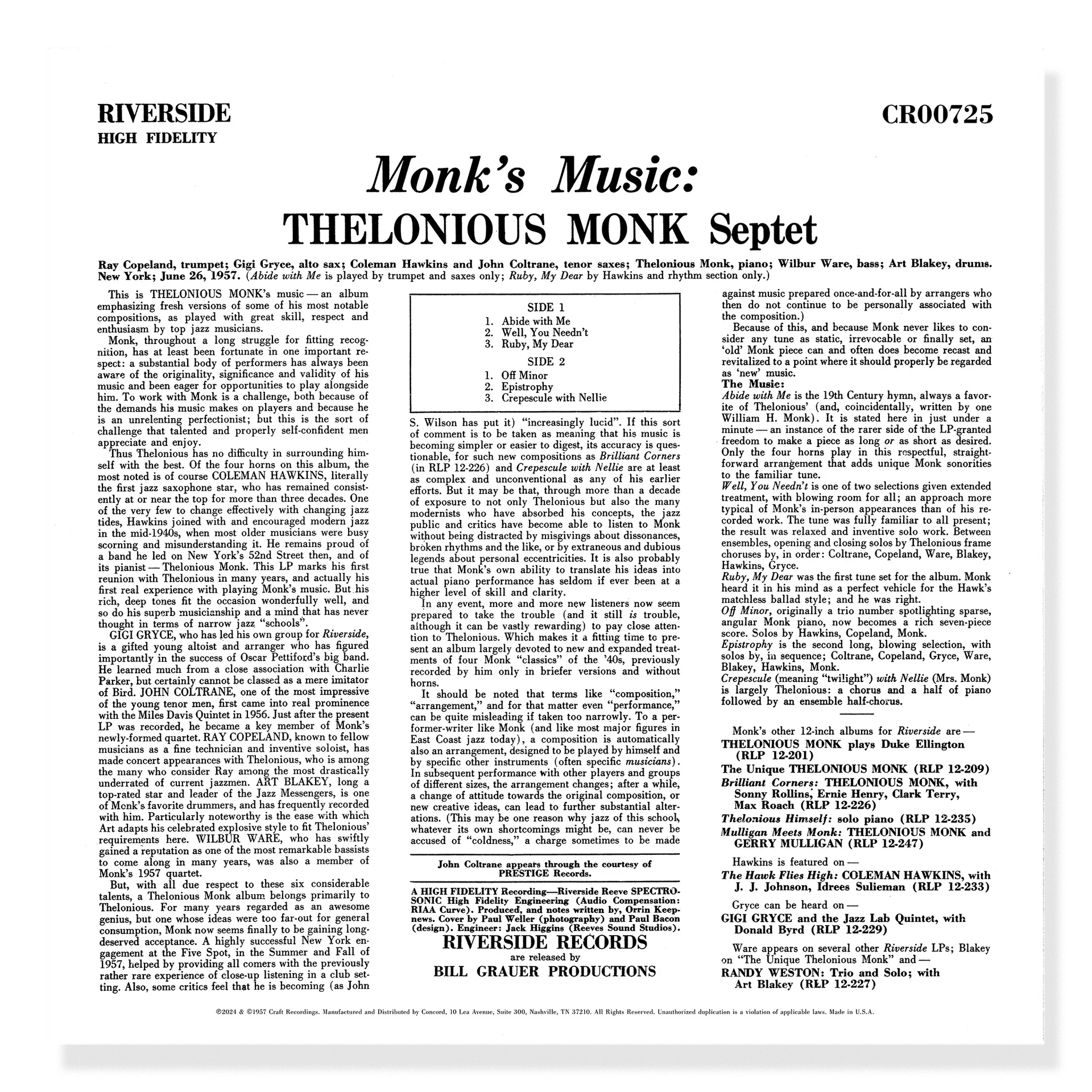 Thelonious Monk - Monk's Music - OJC LP [ Record ]