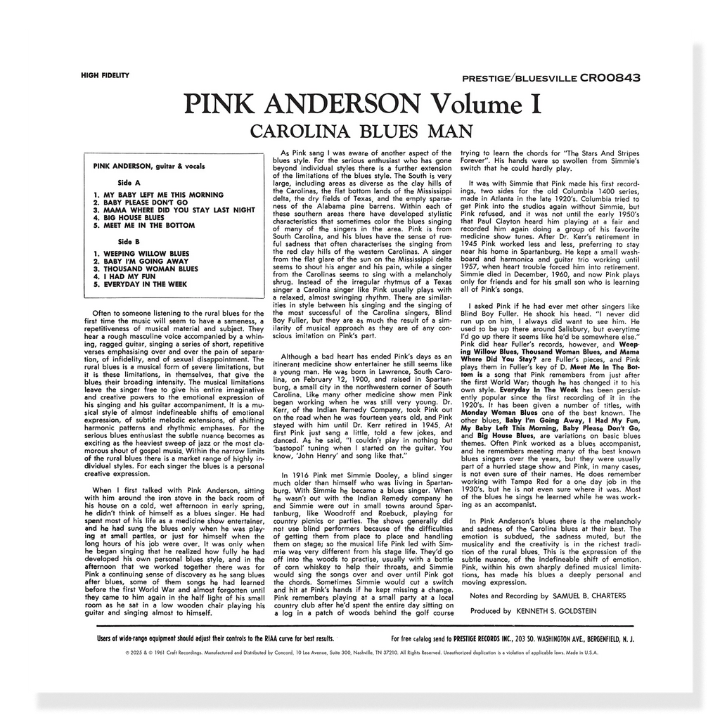 Pink Anderson - Volume 1: Carolina Blues Man - Bluesville Acoustic Sounds Series LP [ Record ]