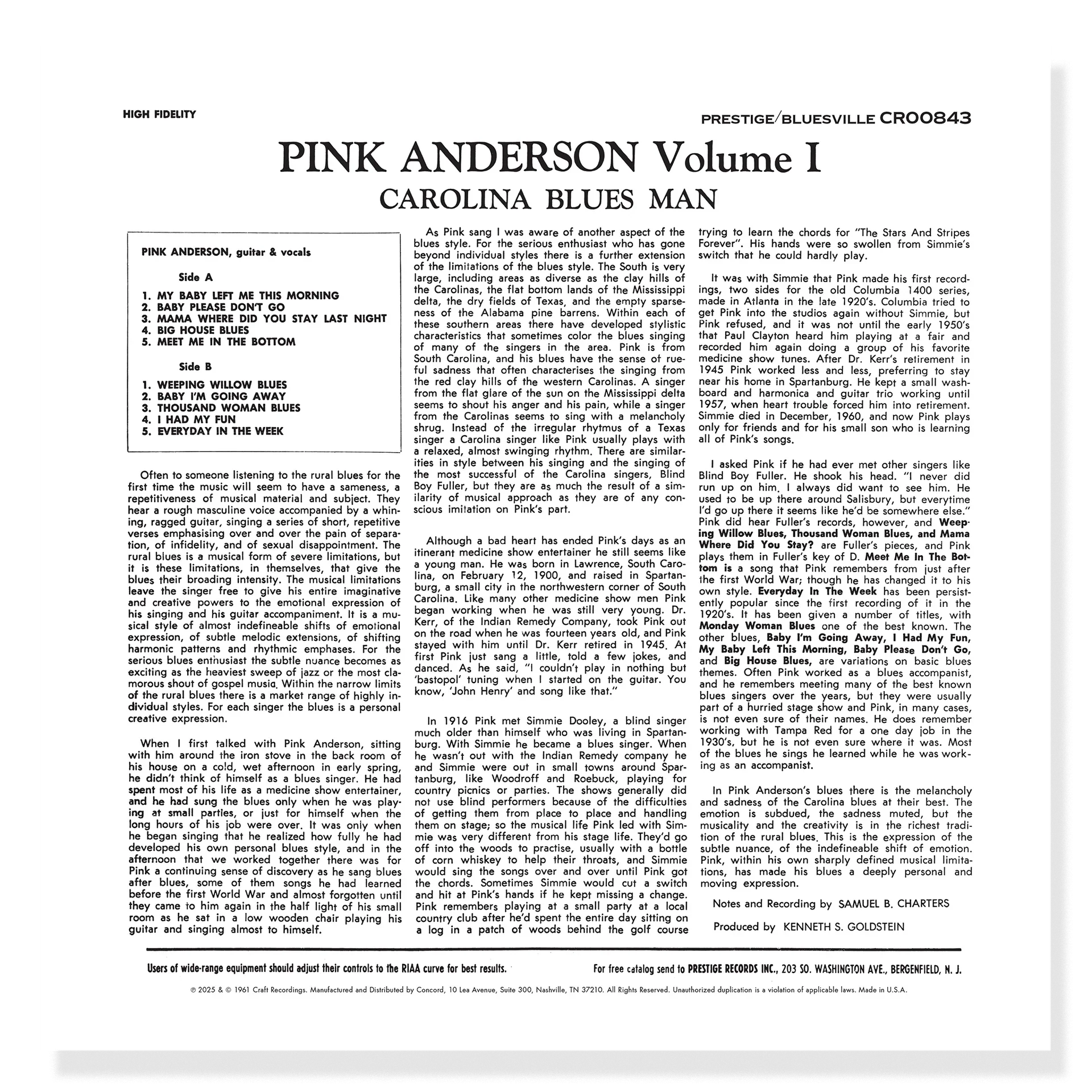 Pink Anderson - Volume 1: Carolina Blues Man - Bluesville Acoustic Sounds Series LP [ Record ]