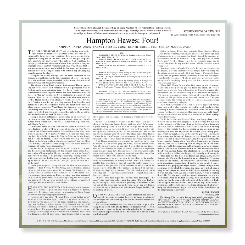 Hampton Hawes - Four! With Barney Kessel, Shelly Manne & Red Mitchell - Contemporary LP [ Record ]