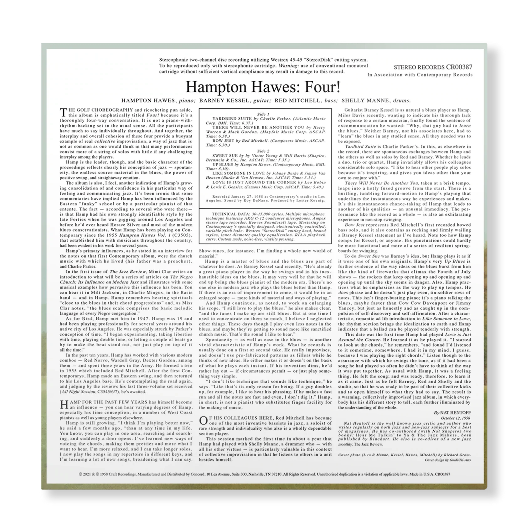 Hampton Hawes - Four! With Barney Kessel, Shelly Manne & Red Mitchell - Contemporary LP [ Record ]