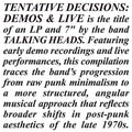 Talking Heads - Tentative Decisions: Demos & Live - LP + 7" [ Record ]