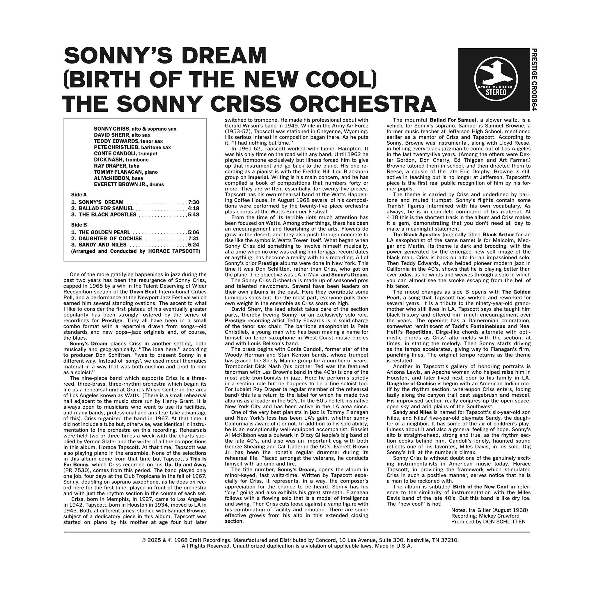 The Sonny Criss Orchestra - Sonny's Dream (Birth Of The New Cool) - OJC LP [ Record ]